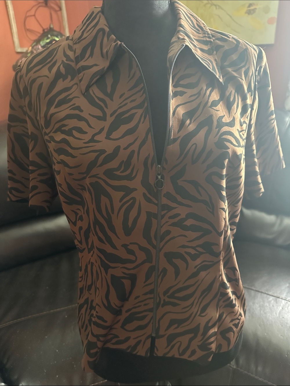 Sag Harbor Brown and Black Zebra-Print Short-Sleeve Bomber